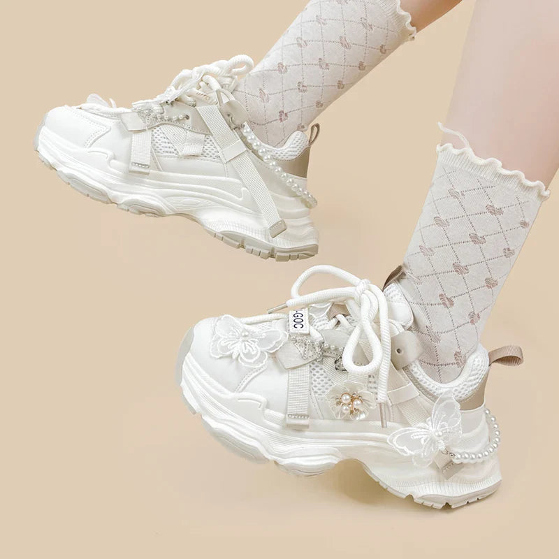 binfenxie  -   New Fashion Women White Chunky Casual Sports Sneakers Lovely Girls Students Beathable Mesh Platform Trainers