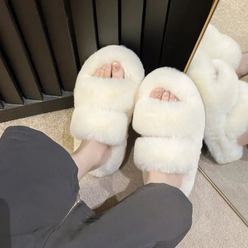 Women Thicken Plush Fur Slippers Winter Slip on Chunky Platform Loafers Mules Woman Thick Bottom Cotton Slippers Flip Flops