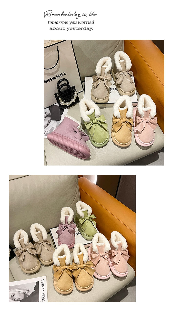 Winter Boots With Fur Australia Women's Rubber Shoes Rain Flat Heel Plush Snow  Ladies Lolita Slipper Flock Butterfly-knot B