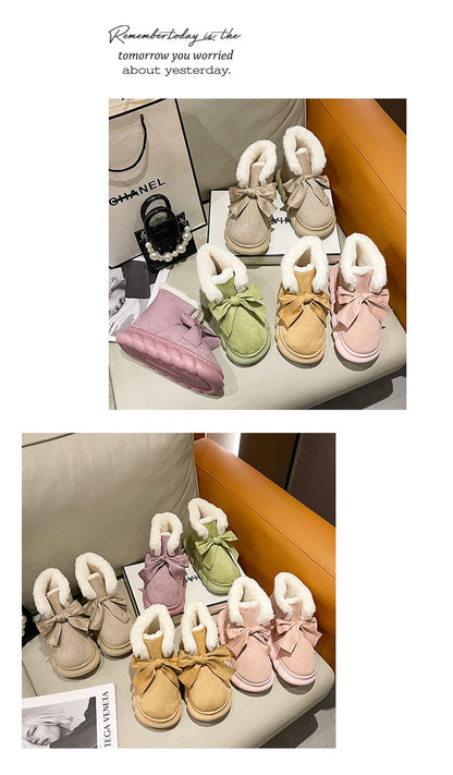 Winter Boots With Fur Australia Women's Rubber Shoes Rain Flat Heel Plush Snow  Ladies Lolita Slipper Flock Butterfly-knot B