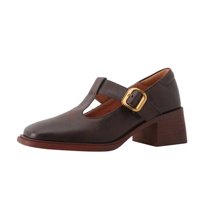 Futurecen NEW Spring Women Pumps Genuine Leather Shoes for Women Square Toe Chunky Heel Shoes Retro Mid-heel Mary Janes Retro Brown Shoes