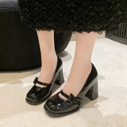 binfenxie  -    High Heels Mary Janes Women Cute Round Toe Patent Leather Pumps Woman Slip-On Square Heeled Bow Party Shoes Ladies