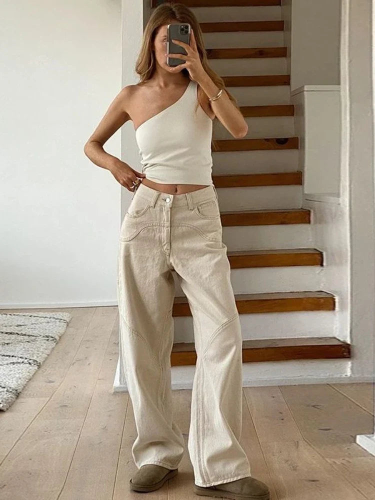 binfenxie Beige Jeans Baggy Women Casual Denim Trousers Vintage High Waist Wide Leg Pants Classic Streetwear Fashion Autumn Ladies