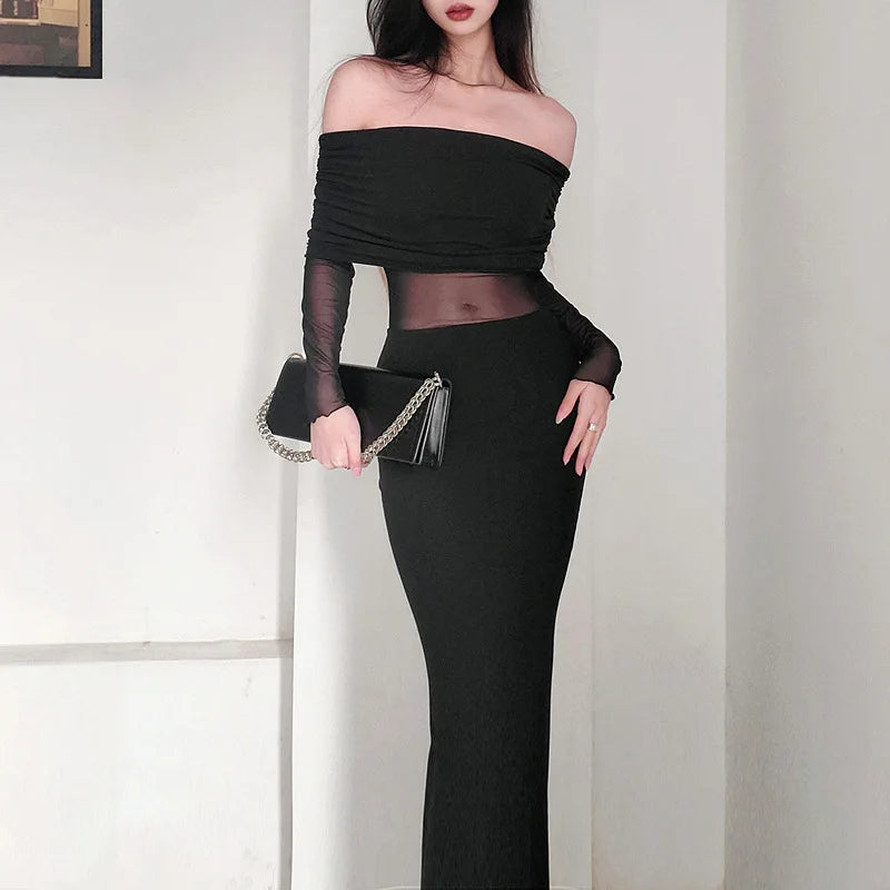 binfenxie Strapless Black Sexy Women's Dress Lace Patchwork Long Sleeves Bodycon Autumn Long Dresses Streetwear Elegant Party Clubwear