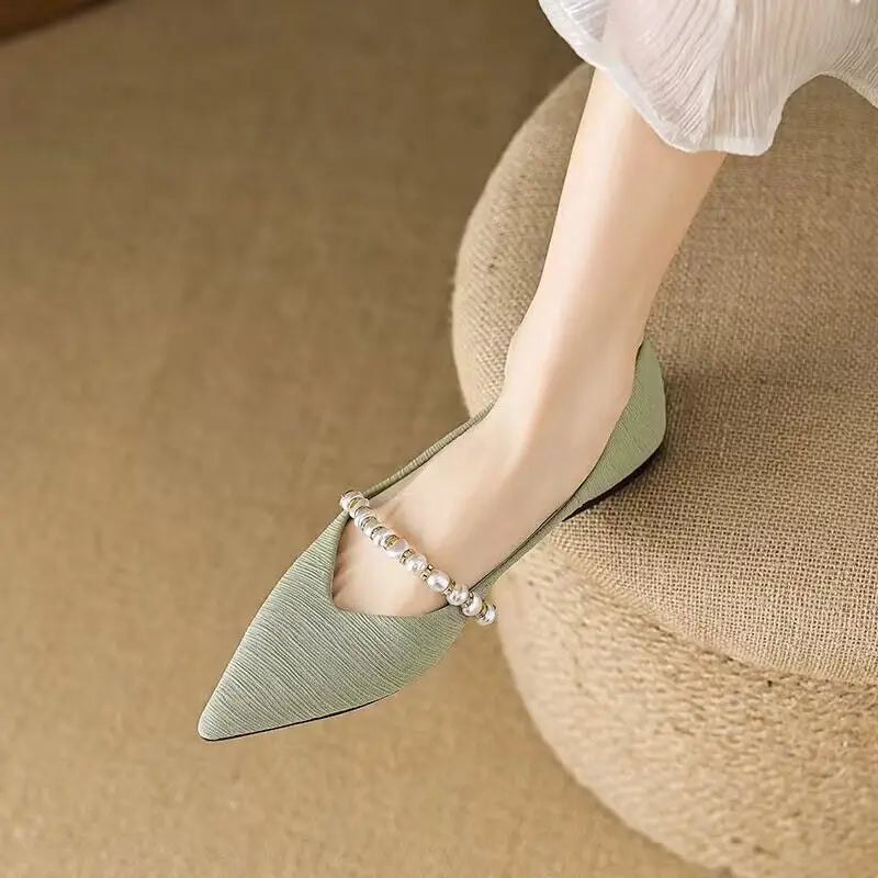 Women's Summer Footwear Pearl Pointed Toe Shoes for Woman White Moccasins Low Heel Elegant on Offer E Fashion Korean Style