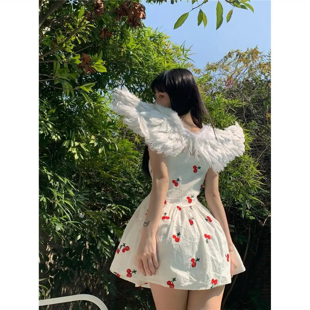 binfenxie White Suspender Dress Summer New Cherry Print Slim High Waist Short Skirt Sleeveless Sexy Female Sling Dress