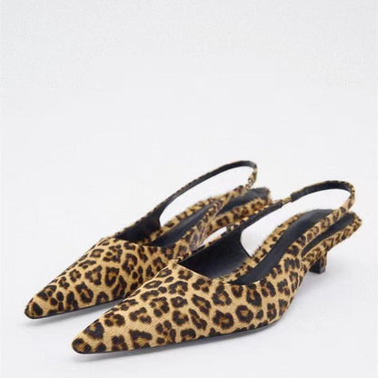 Women's Flat Bottom Slingback Sandals  Leopard Pointed End Woman Mules Summer Fashion Animal Print Low-heel Beach Shoes