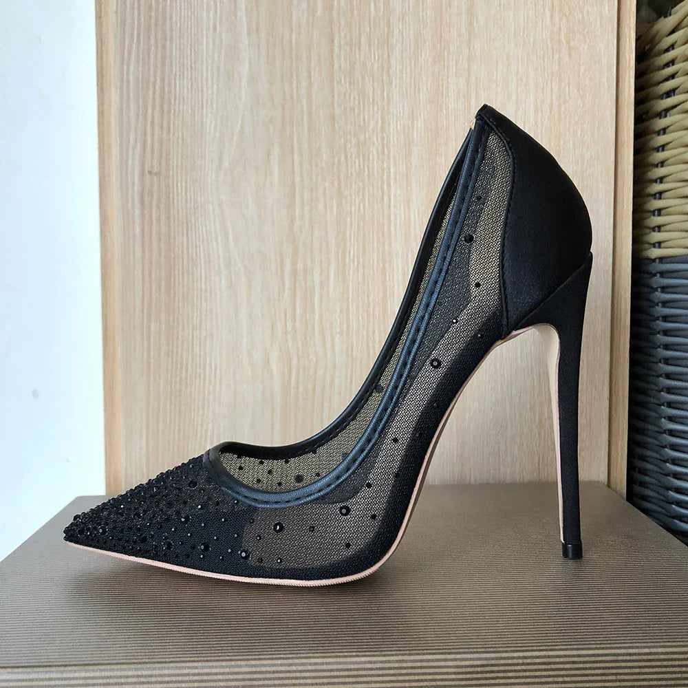 Futurecen Black Mesh Rhinestones Women Satin Gauze Pointy Toe Stiletto Pumps 8cm 10cm 12cm High Heel Elegant Shoes for Summer