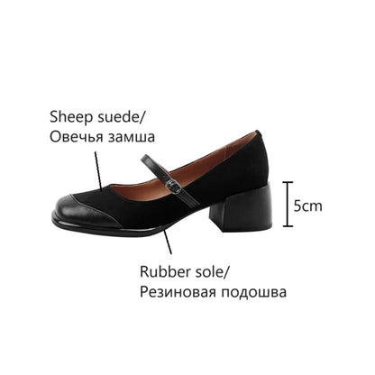 Futurecen  -  NEW Spring Women Shoes Square Toe Chunky Heel Shoes Sheep Suede Leather Shoes for Women Retro Black Women Pumps Brown Mary Janes