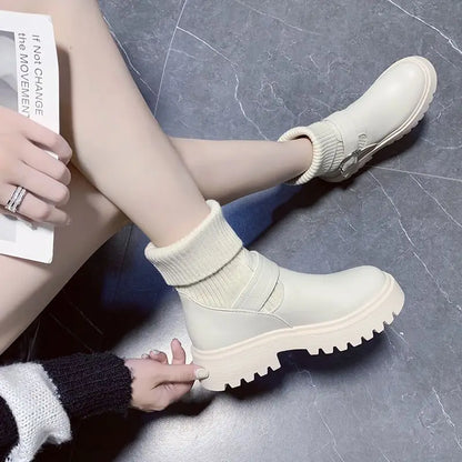 Short Shoes for Women Chunky Mary Janes Footwear White Booties Lolita Sock Female Ankle Boots Platform Elastic Trend New In