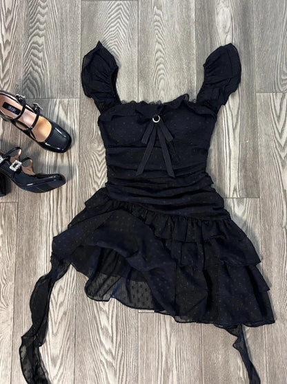 binfenxie DRESS TO IMPRESS French Hepburn Black Elegant Party Dress Women Ruched Sexy Lace High Waist Slim Dress Korea Fashion Design Y2k Clothing 2024 New