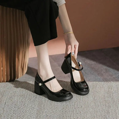 Shoes for Woman  with Medium Heels Gothic Women's Summer Footwear Japanese Style Lolita Pearl Round Toe Mary Jane Platform E