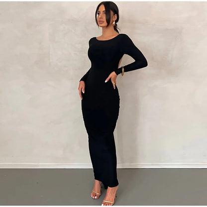 Backless Pleated Midi Dress Women Fashion O-Neck Long Sleeve Dresses Spring Chic Female Sexy Party Evening Outfits