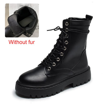 White Black PU Leather Ankle Boots Women Autumn Winter Round Toe Lace Up Shoes Woman Fashion Motorcycle Platform