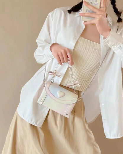 binfenxie Sweet Pink Messenger Bag Women Fairycore Aesthetic Handle Pearl Chain Crossbody Bags Ladies Harajuku Heart Y2k Hand Bag