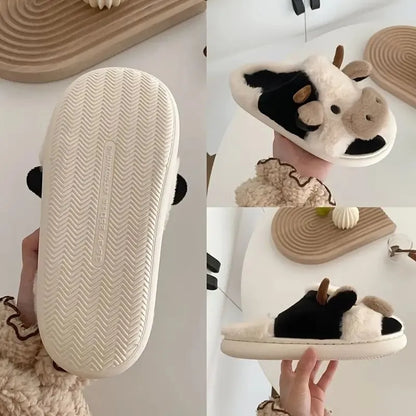 Women's Cartoon Cute Cow House Slippers Warm Plus Lined Closed Toe Fuzzy Home Slides Women's Fluffy Comfy Shoes Winter Autumn