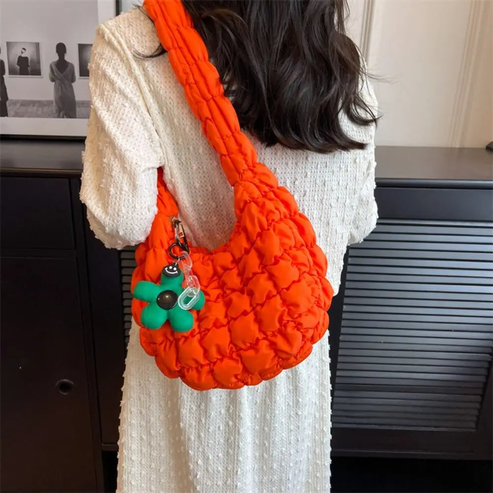 binfenxie Plaid Quilted Crossbody Bags for Women Korean Bubble Embroidered Shoulder Bags Ruched Solid Satchel Underarm Bag with Pendant