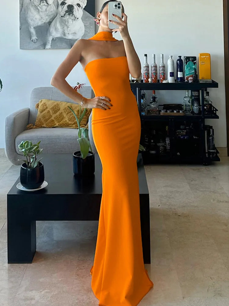 Summer New Elegant Sleeveless Dress Women Hanging Neck Slim Fishtail Long Dress Bodycon Backless Party Evening Dress