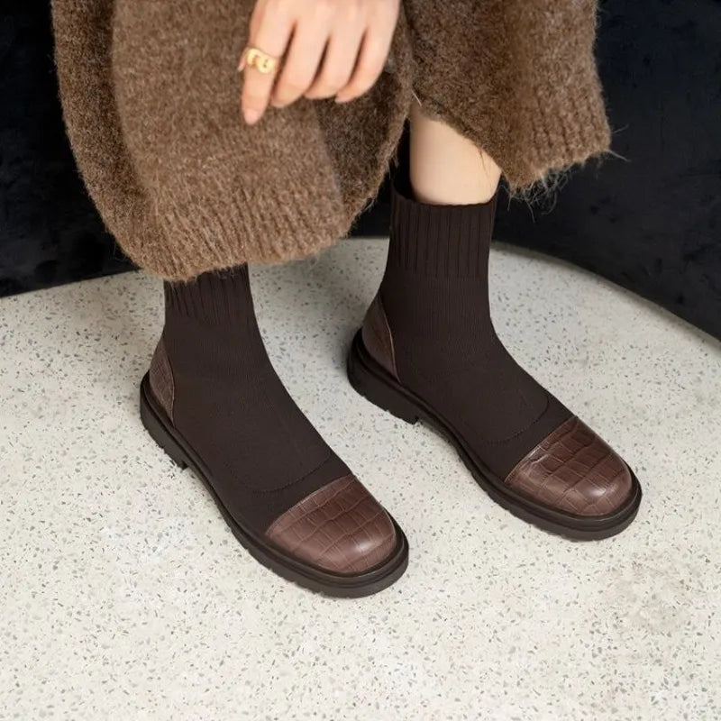 Booties Chunky Short Shoes for Women Brown Sock Footwear Platform Elastic Female Ankle Boots Trend 2023 Y2k New In Fashion Pu 39