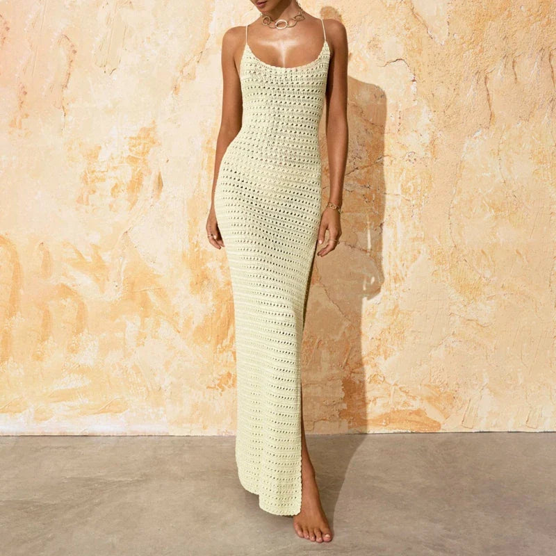 binfenxie Beach Boho Knitted Maxi Dresses Women Sleeveless Slim Split Dress Vintage Crochet Backless Tie Up Long Dress Cocktail Club Party