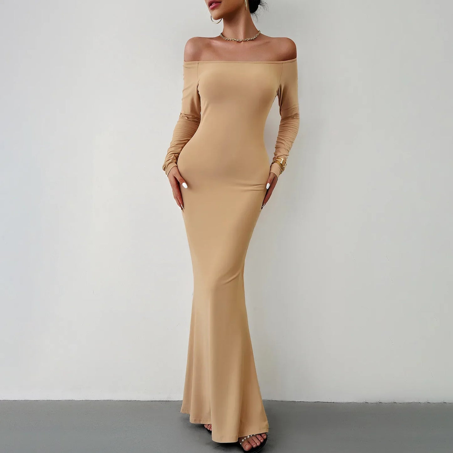 binfenxie Slash Neck Long-sleeved Sexy Dress Solid Autumn Dress for Women Elegant Party Evening Dress Slim Long Dresses Casual Bodycone