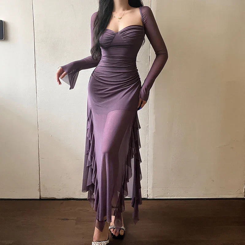 binfenxie Purple Mature Sexy Beautiful Confident Elegant Graceful Women'S Translucent Thin Straight Dress