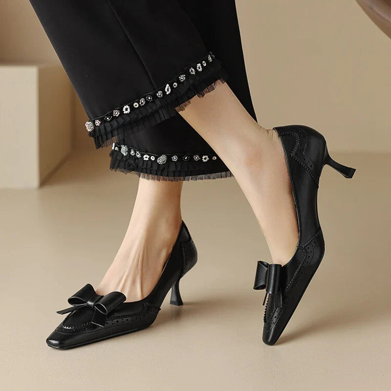 Futurecen Spring/Summer Women Pumps Split Leather High Heels Square Toe Thin Heel Women Shoes Butterfly-knot Lady Shoes Party Shoes