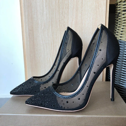 Futurecen Black Mesh Rhinestones Women Satin Gauze Pointy Toe Stiletto Pumps 8cm 10cm 12cm High Heel Elegant Shoes for Summer