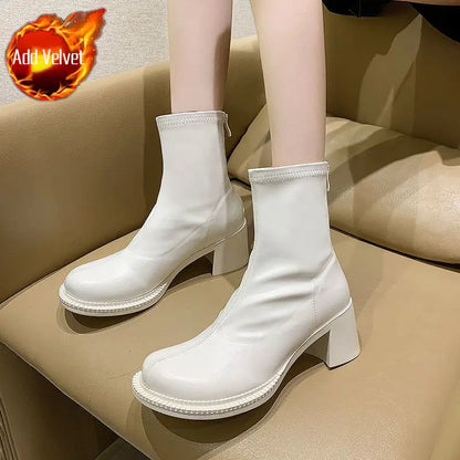 Short Shoes for Women Very High Heels Punk Style Booties Combat Female Ankle Boots White Footwear Heeled Round Toe Fashion