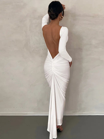 Backless Pleated Midi Dress Women Fashion O-Neck Long Sleeve Dresses Spring Chic Female Sexy Party Evening Outfits