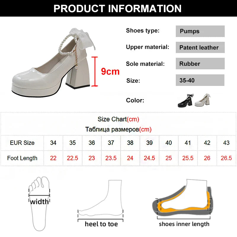 Pearl Ankle Strap Platform Pumps for Women Super High Heels Patent Leather Mary Jane Shoes Woman Lace Bowknot Dress Shoes Ladies