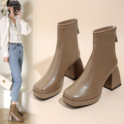 New Fashion Ankle Boots for Women High Heels Chunky Platform Stretch Fabric Square Toe White Sole Zipper Young Lady Booties