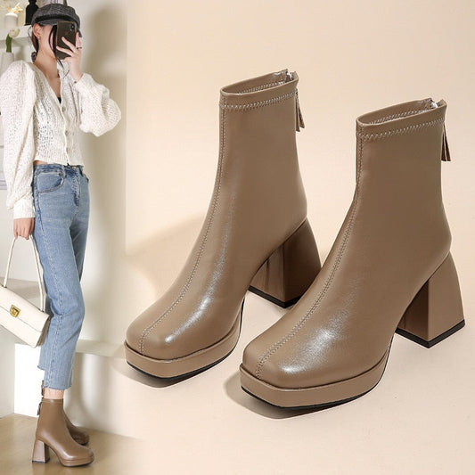 New Fashion Ankle Boots for Women High Heels Chunky Platform Stretch Fabric Square Toe White Sole Zipper Young Lady Booties