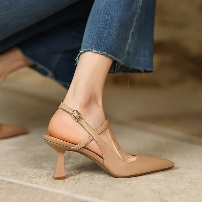 Summer Women Shoes Pointed Toe Thin Heel Women Sandals Genuine Leather Shoes for Women Slingback Elegant High Heels Party Shoes