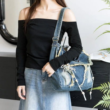 binfenxie Y2K Korean Harajuku Gothic Hobo Denim Bag Aesthetic Vintage Purses WomenHandbag Crossbody Messenger Tote Peddler Shoulder Bags