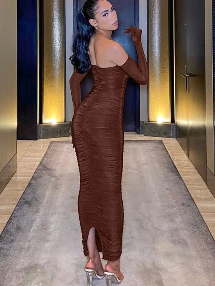 Brown Strapless With Cuff Sleeve Long Dress For Women Gown Summer Off-shoulder Backless Ruched Maxi Dress Vestido