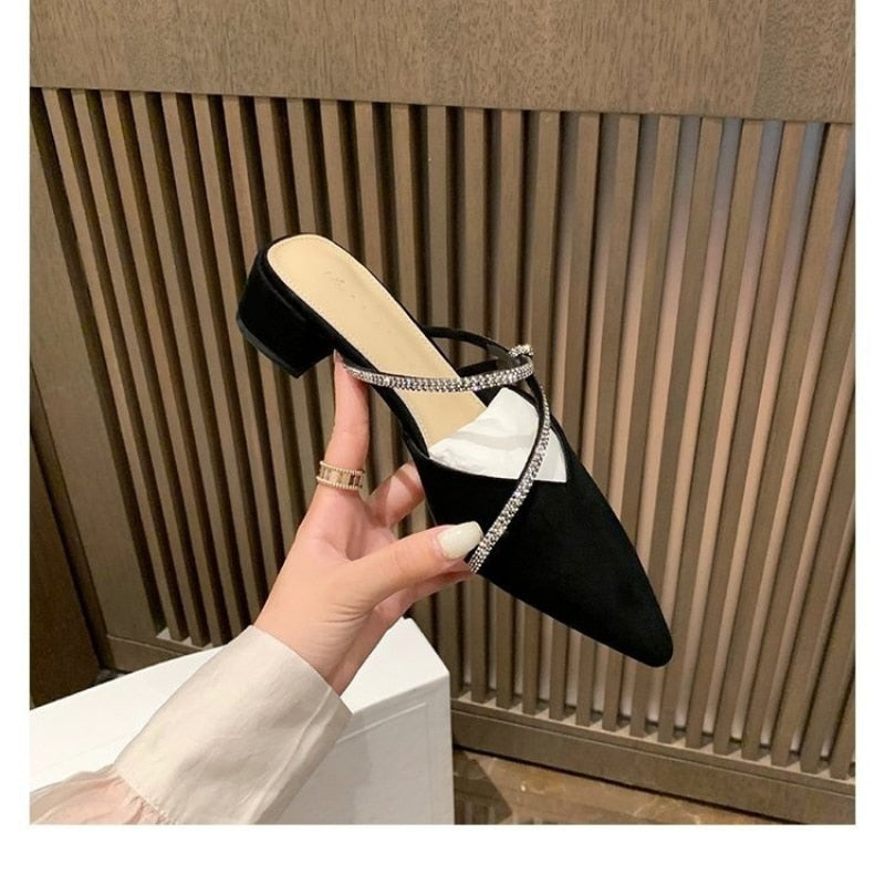 Woman Slippers Summer Shoes Mules Block Heels for Women Elegant Medium Heel Luxury Designer Black Rhinestone Party Comfortable