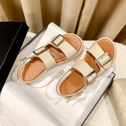 Meotina Women Genuine Leather Sandals Round Toe Flat Platform Slippers Ladies Summer Slides Fashion Buckle Beach Shoes Beige 40