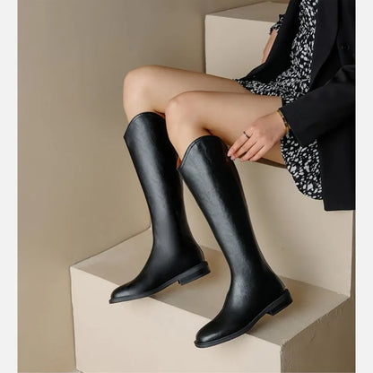 Women Knee-high Boots Genuine Leather Natural Leather Ladies Bootie Autumn and Winter Velvet Western Boots Goth Shoes