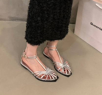 Summer Flat Heel Women Sandal Fashion New Brand Gold Narrow Band Ladies Slingback Shoes Ankle Srtrap Dress Slides