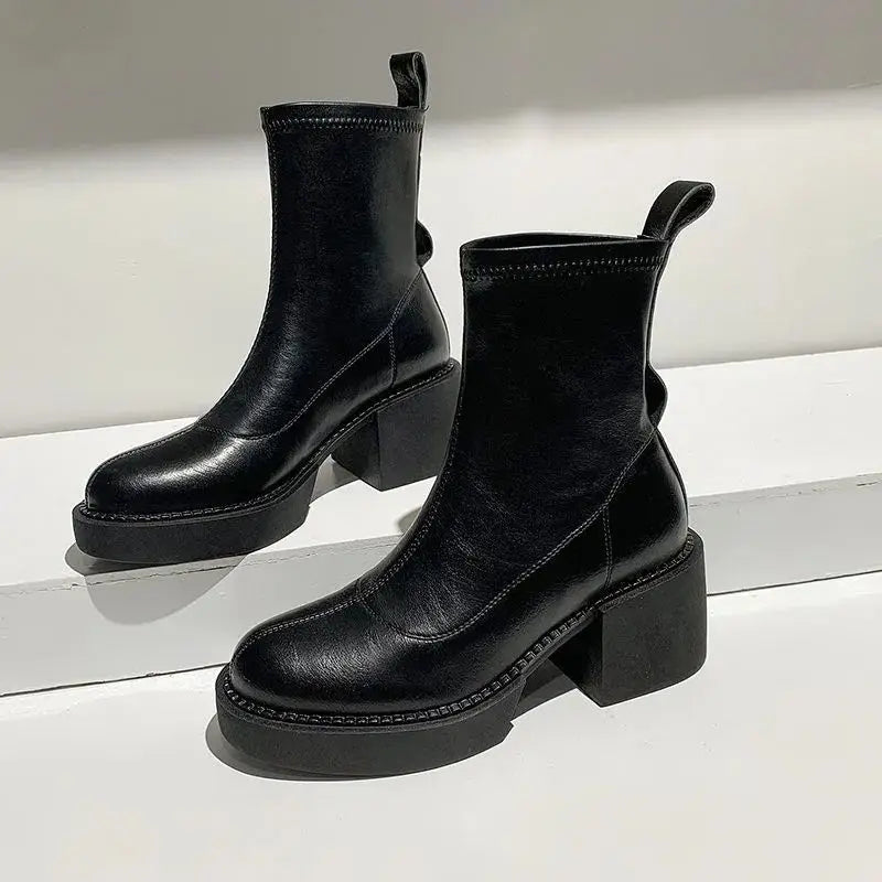 Women's Ankle Boots Black Short Shoes for Woman Platform Booties Elegant with Medium Heels Footwear Punk Style Chunky Combat Pu