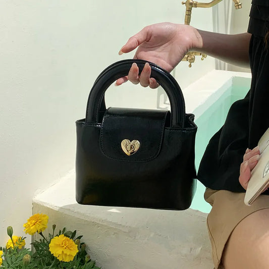 binfenxie Korean Style Vintage Handbag Solid Color Pu Leather Heart Lock Shoulder Bag 2023 Summer New Classic Fashion Crossbody Bag