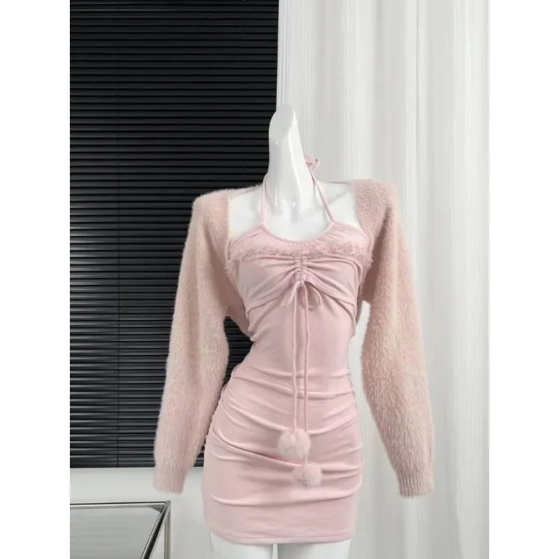 binfenxie Winter Pink Kawaii Lolita 2 Piece Dress Set Woman Casual Short Sweater Cardigan Sexy Slim Y2k Mini Dress Korea Fashion Suit