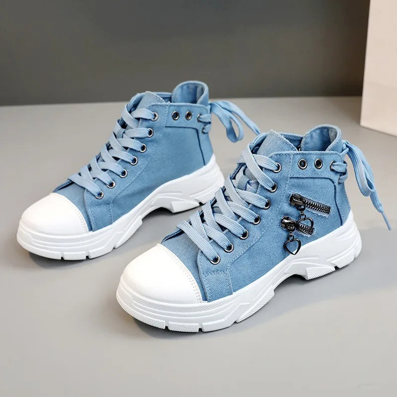 New Canvas High-top Women Shoes Spring Breathable Denim Sneakers Women Summer Thick Bottom Heightening Sports Casual Shoes