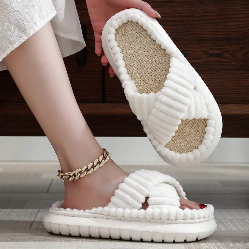 New Women Home Slippers Autumn Winter Open-Toe Cross Band Linen Soled Indoor Slides Linen Soled Non-Slip Bathroom Slippers