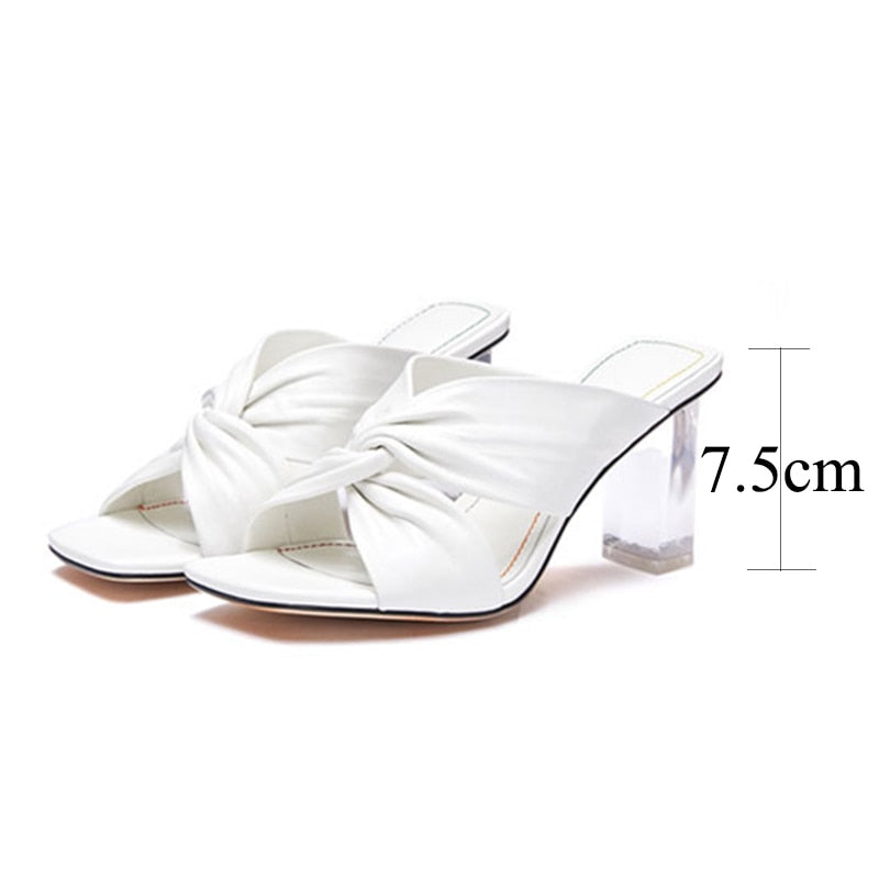 Womens Cross Strap High Heels Slippers  Summer Luxury Golden Square Toe Sandals Women Designer Clear Heel Slides Woman