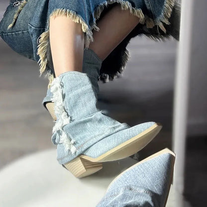 Pleats Blue Denim Thigh High Boots for Women Spring Thick Heeled Pointed Toe Cowboy Boots Woman Slip On Western Long Boots