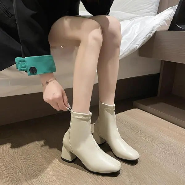 Winter Boots Lady Boots-Women Autumn Shoes Zipper Elegant High Heel Rubber Ankle Solid Basic Casual Square Toe PU Sewing Le