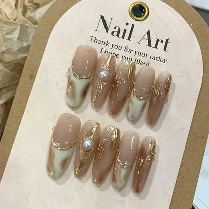 10pcs detachable almond handmade false nails ballet wearable Maillard style artificial nail with glue fall winter press on nails