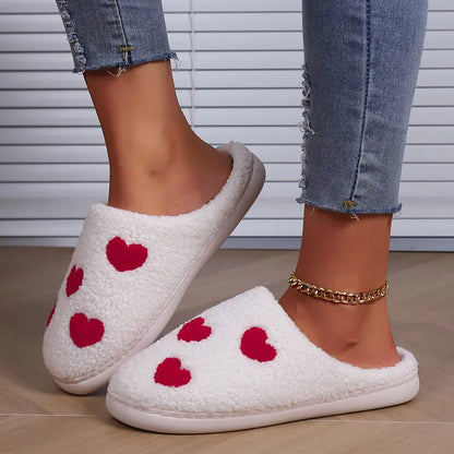 Women's Warm Lambswool Slippers Heart Printed Plush Home Slippers Shoes for Women Non Slip Soft Bottom Slides Ladies